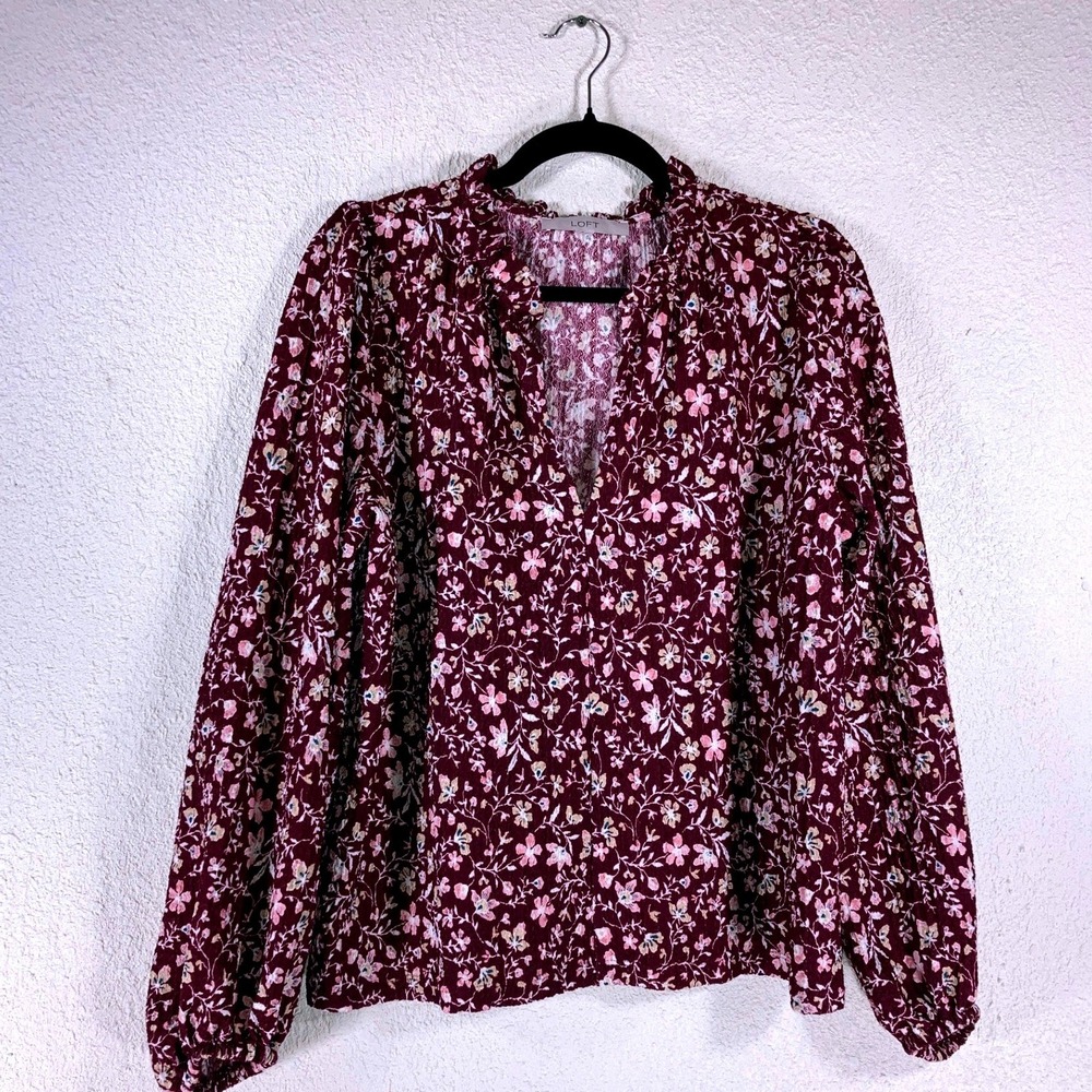 LOFT Burgundy Floral Ruffle Neck Long Sleeve Blouse XL Split V-Neck Top Burgundy